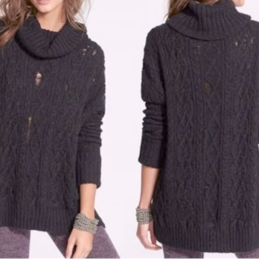 Free People Black Distressed Cowl Neck‎ Pullover Sweater. Size S/P